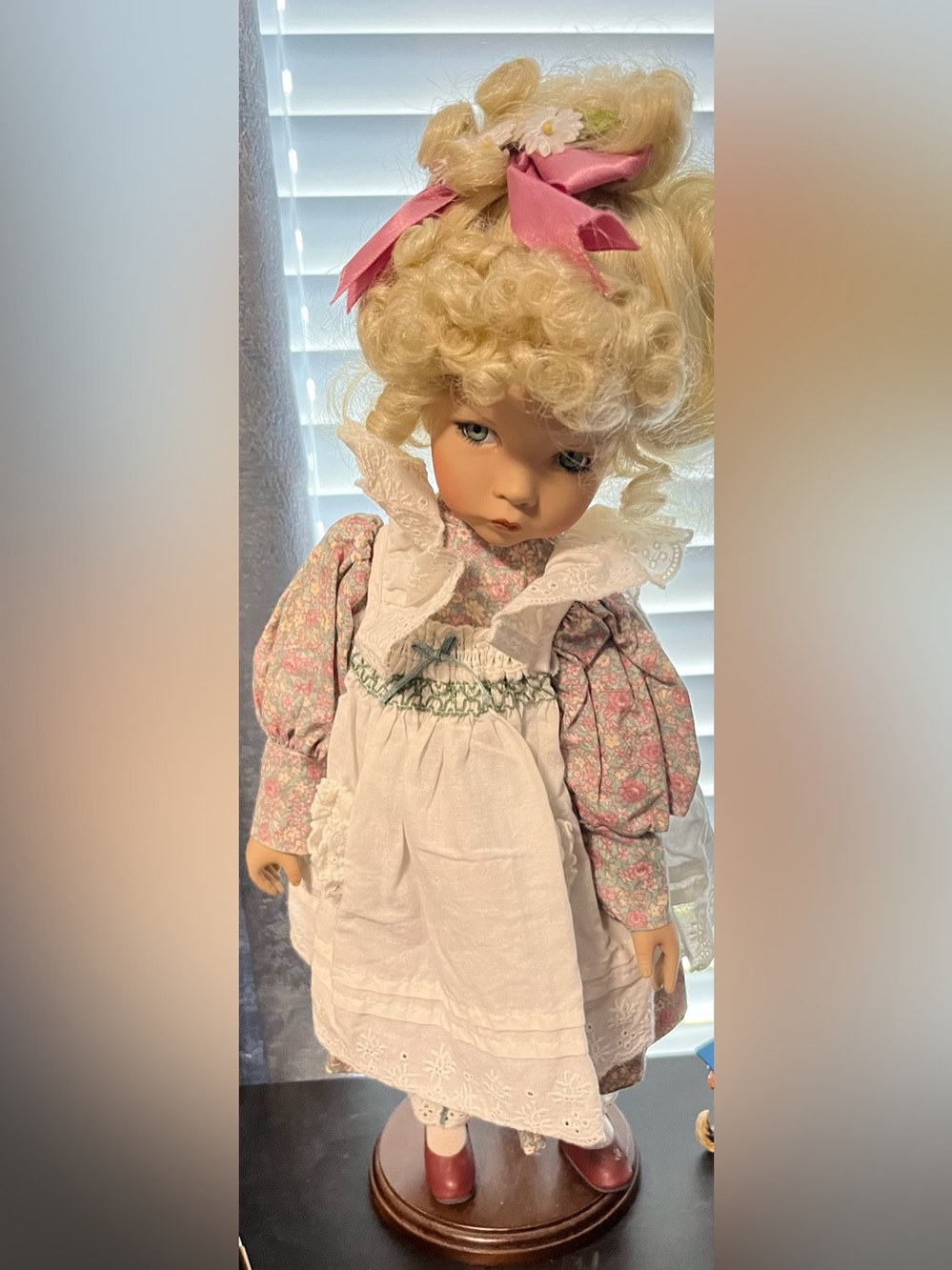 Vintage Blonde Porcelain Doll+Stand dolls in a Floral Pink Dress